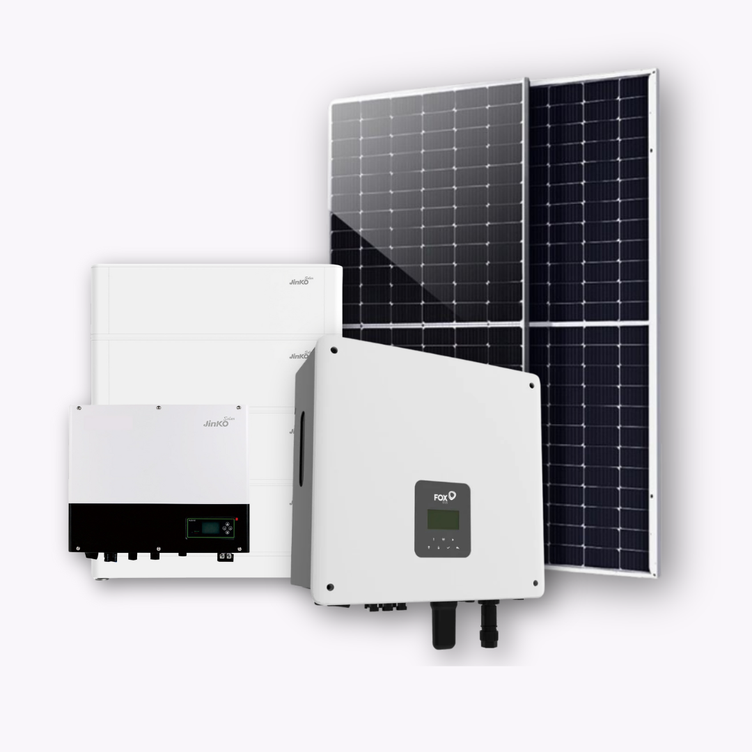 Complete Jinko Solar Battery Package installation with solar panels, battery storage, and hybrid inverter.