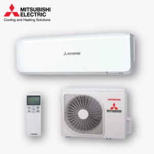 Mitsubishi Inverter Hi-Wall Air Conditioning Unit installed in a modern living room, providing quiet and efficient cooling and heating.